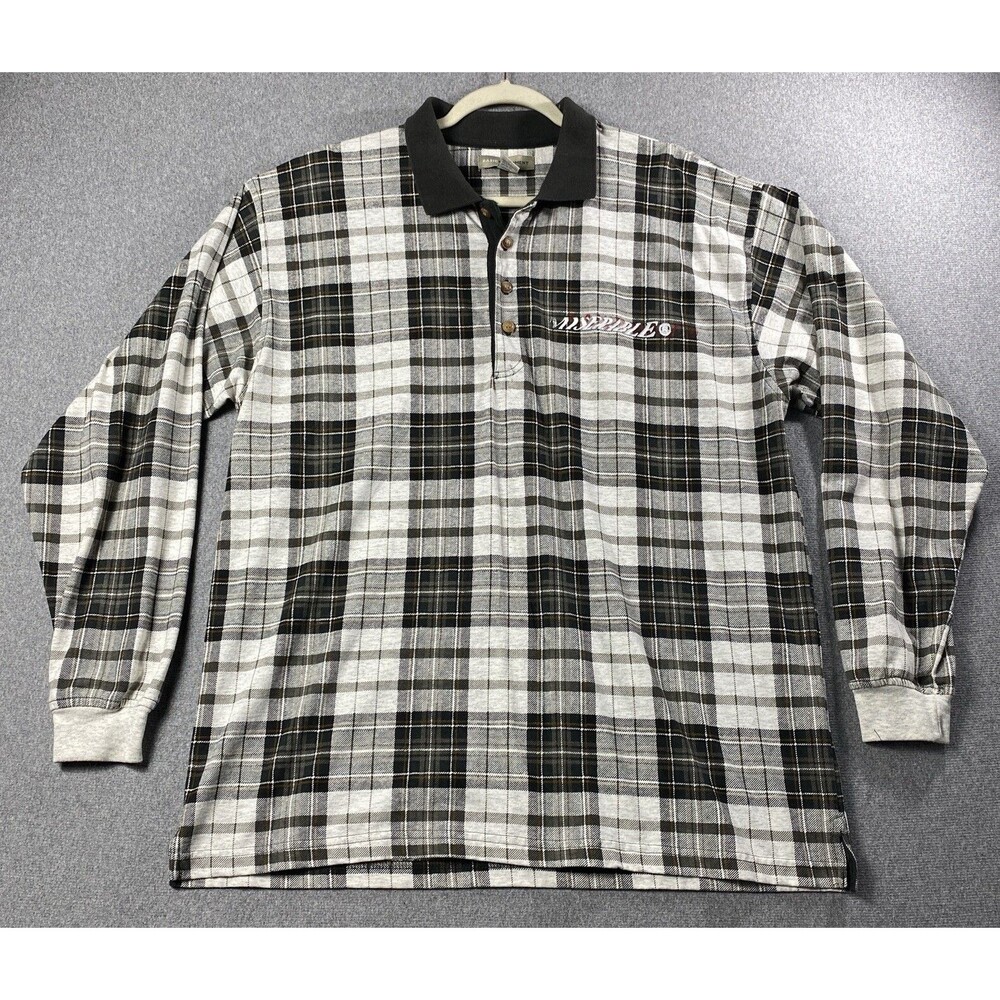 Basic Equipment Men’s Polo Shirt Long Sleeve Gray Plaid Size XL